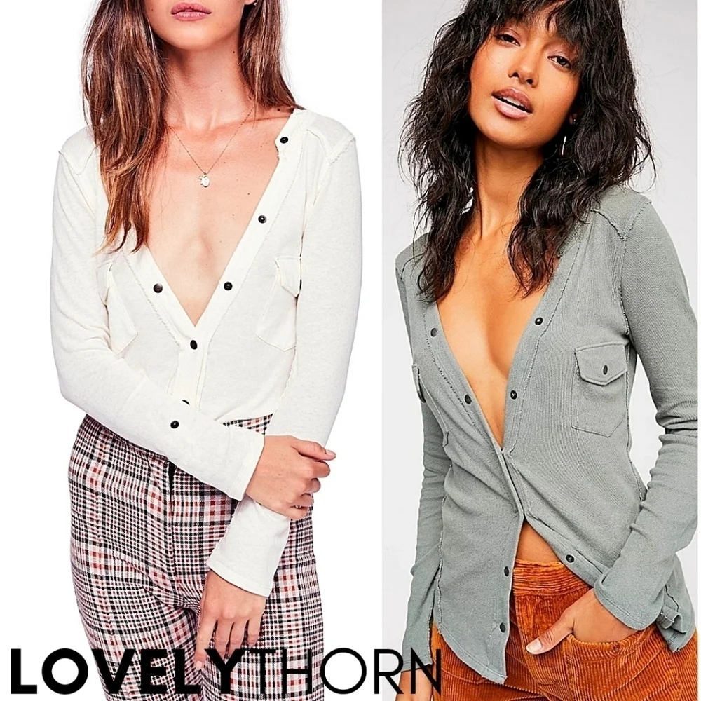 FREE PEOPLE // long sleeve plunge snap button flap pocket woven knit henley